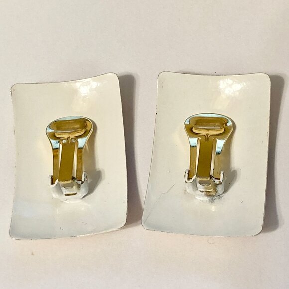 Vintage Cream Beige Copper Swirl Enamel Clip On Earrings 70s 80s Retro Fall - Picture 6 of 11